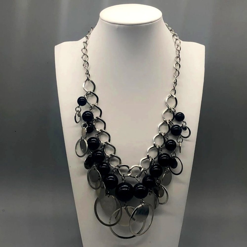 Vintage 90s Geometric Chunky Black and Silver Bib Statement Dangle Necklace